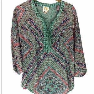 FIG & FLOWER Floral Boho Peasant Blouse Small